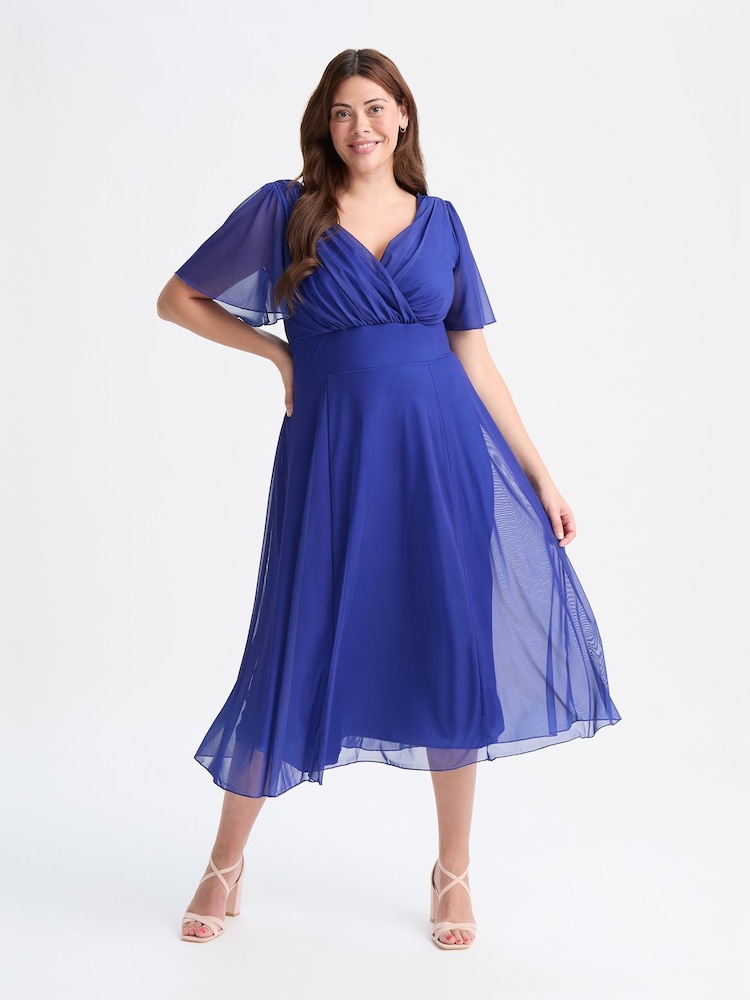 Scarlett & Jo Blue Victoria Angel Sleeve Mesh Midi Long Dress - Image 1 of 4