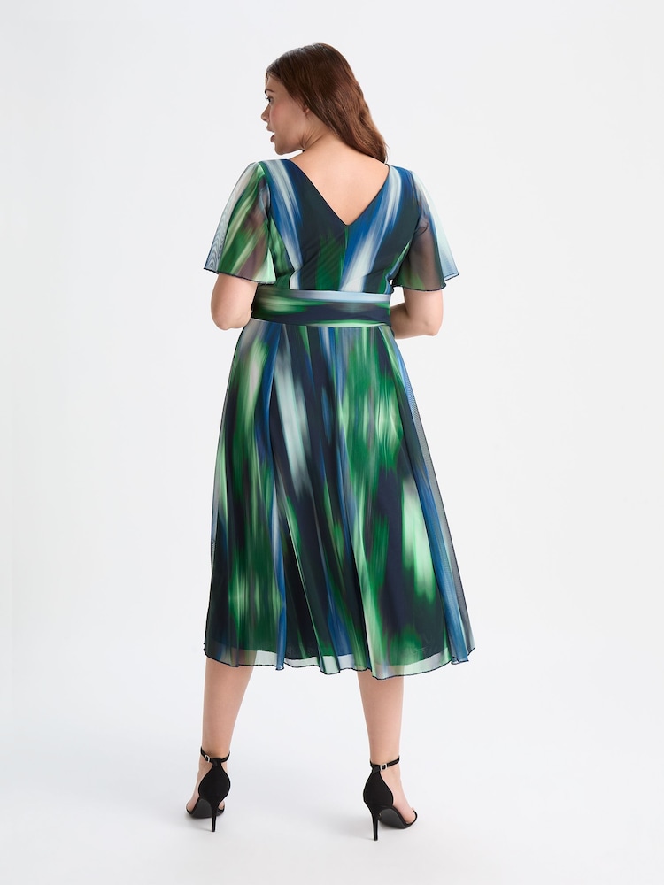 Scarlett & Jo Dark Green Victoria Ikat Print Angel Sleeve Mesh Midi Dress - Image 3 of 4