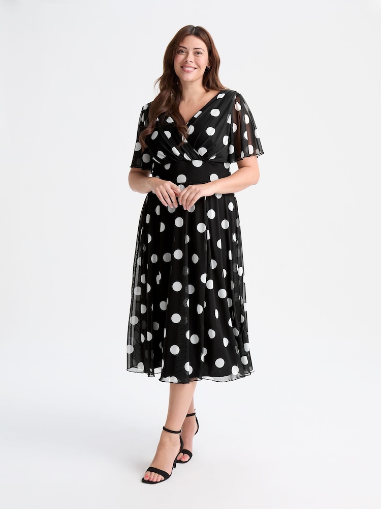 Black - Scarlett & Jo Victoria Ikat Print Angel Sleeve Mesh Midi Dress - Image 1 of 4 Black - Scarlett & Jo Victoria Ikat Print Angel Sleeve Mesh Midi Dress - Image 1 of 4