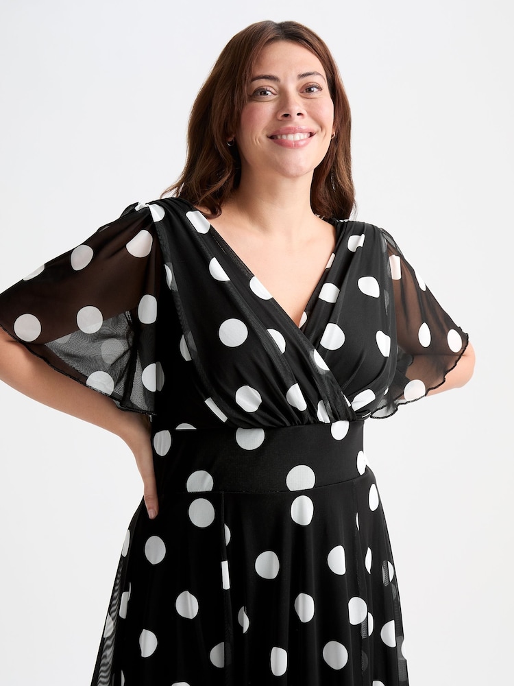 Black - Scarlett & Jo Victoria Ikat Print Angel Sleeve Mesh Midi Dress - Image 2 of 4 Black - Scarlett & Jo Victoria Ikat Print Angel Sleeve Mesh Midi Dress - Image 2 of 4