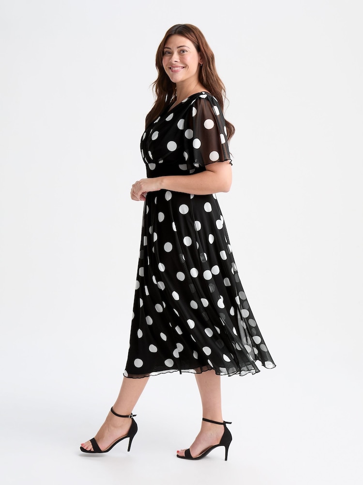 Scarlett & Jo Black Victoria Spot Print Angel Sleeve Mesh Midi Dress - Image 3 of 4