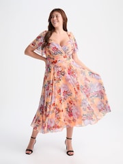 Scarlett & Jo Peach Smoke Liz Print Bolero Wrap Bodice Midi Dress - Image 1 of 3