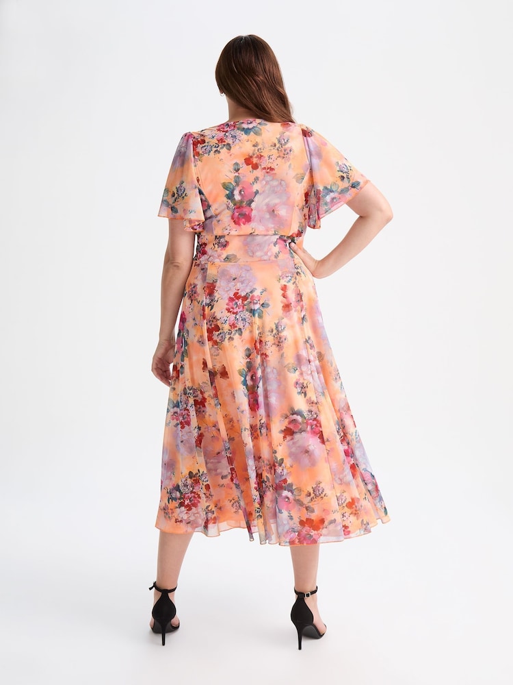 Scarlett & Jo Peach Smoke Liz Print Bolero Wrap Bodice Midi Dress - Image 2 of 3