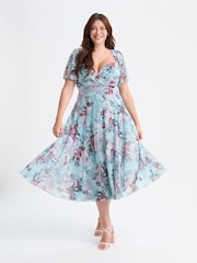 Scarlett & Jo Blue Liz Grey Multi Bolero Wrap Bodice Midi Dress - Image 1 of 4