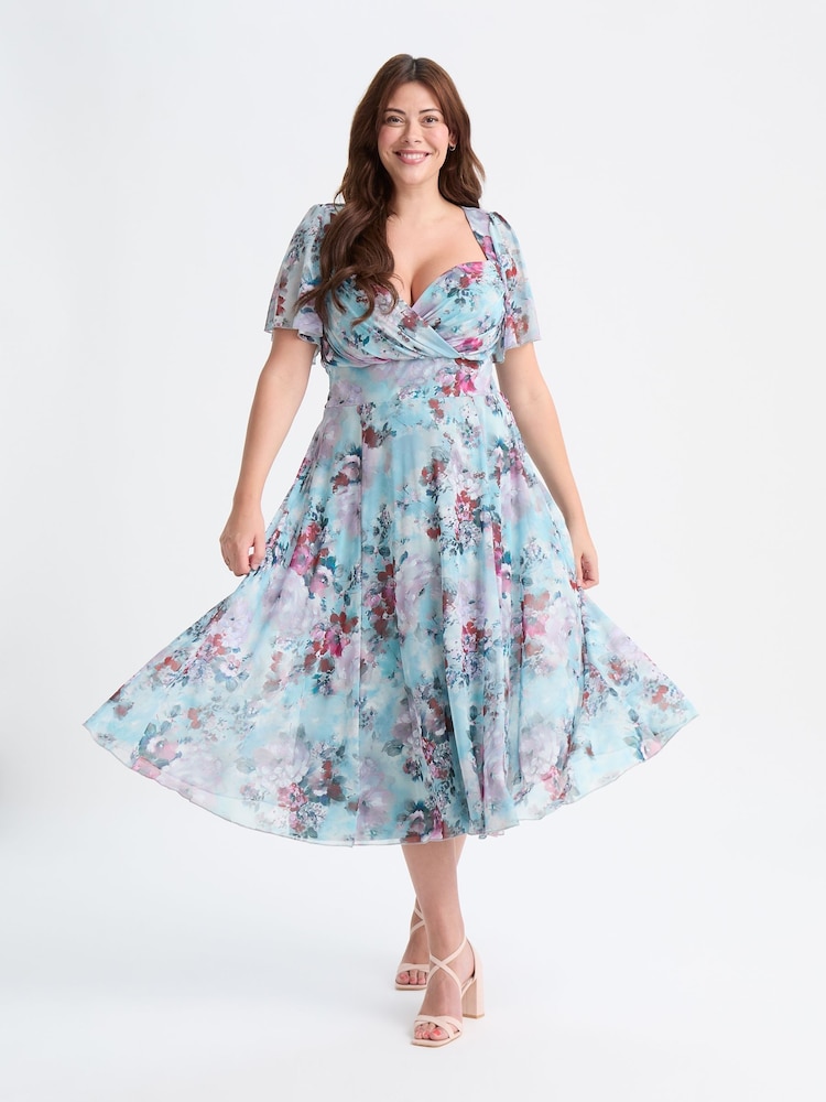 Scarlett & Jo Blue Liz Grey Multi Bolero Wrap Bodice Midi Dress - Image 1 of 4 Scarlett & Jo Blue Liz Grey Multi Bolero Wrap Bodice Midi Dress - Image 1 of 4