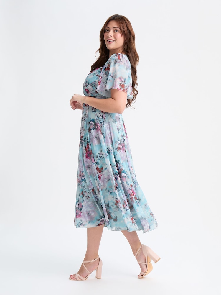 Scarlett & Jo Blue Liz Grey Multi Bolero Wrap Bodice Midi Dress - Image 2 of 4 Scarlett & Jo Blue Liz Grey Multi Bolero Wrap Bodice Midi Dress - Image 2 of 4