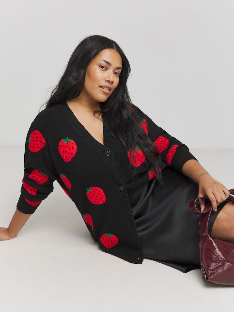 Simply Be Black Strawberry Boyfriend Cardigan - Image 1 of 4