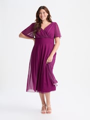 Scarlett & Jo Solid Magenta Victoria Angel Sleeve Mesh Midi Long Dress - Image 1 of 4