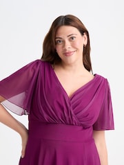 Scarlett & Jo Solid Magenta Victoria Angel Sleeve Mesh Midi Long Dress - Image 2 of 4