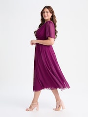 Scarlett & Jo Solid Magenta Victoria Angel Sleeve Mesh Midi Long Dress - Image 3 of 4