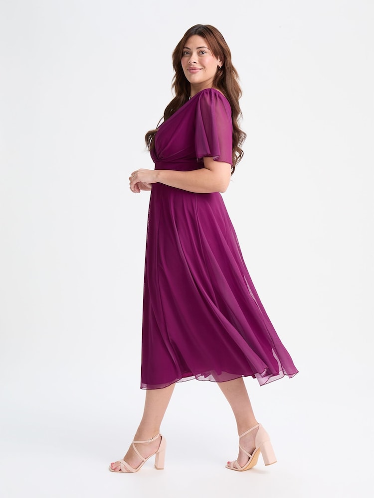 Scarlett & Jo Solid Magenta Victoria Angel Sleeve Mesh Midi Long Dress - Image 3 of 4