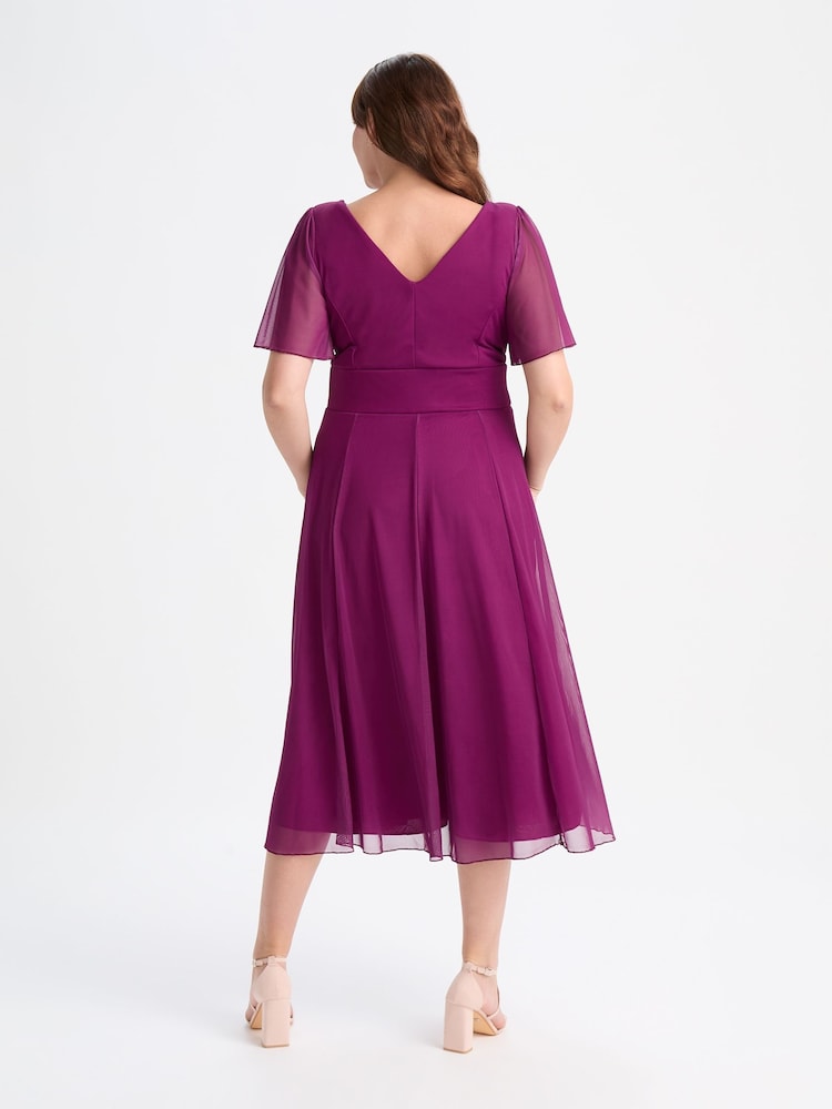 Scarlett & Jo Solid Magenta Victoria Angel Sleeve Mesh Midi Long Dress - Image 4 of 4