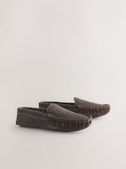 Brown Suede Faux Fur Lined Moccasin Slippers - Image 1 of 5