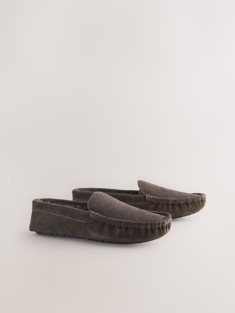 Brown Suede Faux Fur Lined Moccasin Slippers - Image 1 of 5