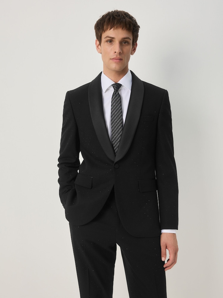 Black Slim Fit Sequin Tuxedo Suit Jacket - Image 1 of 9