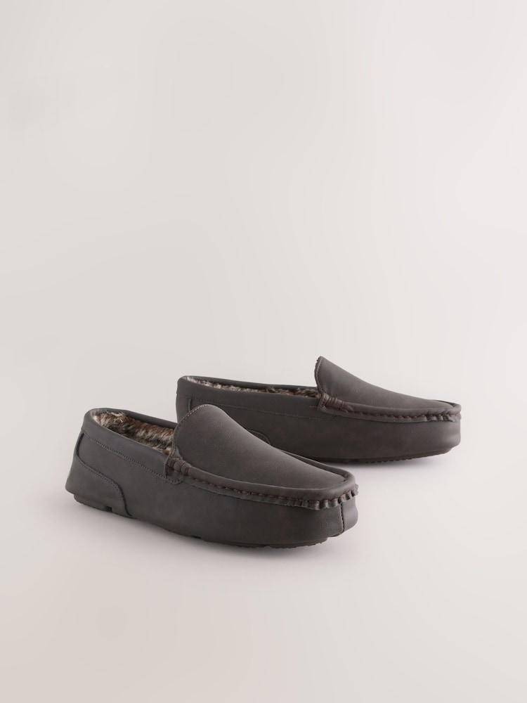 Brown Faux Fur Lined Moccasin Slippers - Image 1 of 5