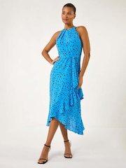 Roman Blue Spot Print Frill Hem Halter Dress - Image 3 of 5