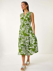 Roman Green Leaf Print Tie Midi Dress - Image 1 of 5