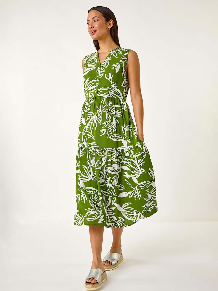 Roman Green Leaf Print Tie Midi Dress - Image 1 of 5