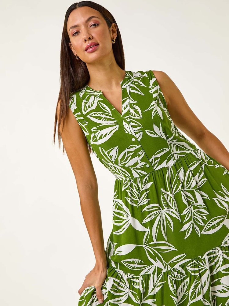 Roman Green Leaf Print Tie Midi Dress - Image 2 of 5
