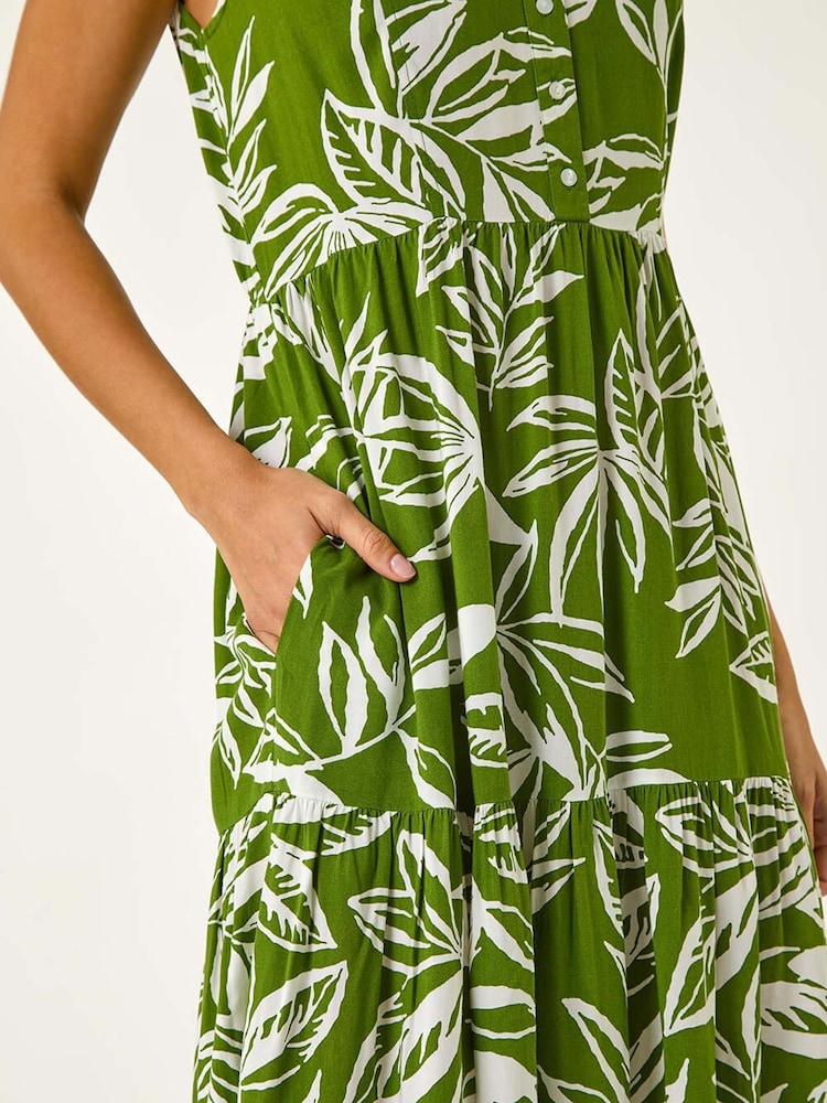 Roman Green Leaf Print Tie Midi Dress - Image 5 of 5