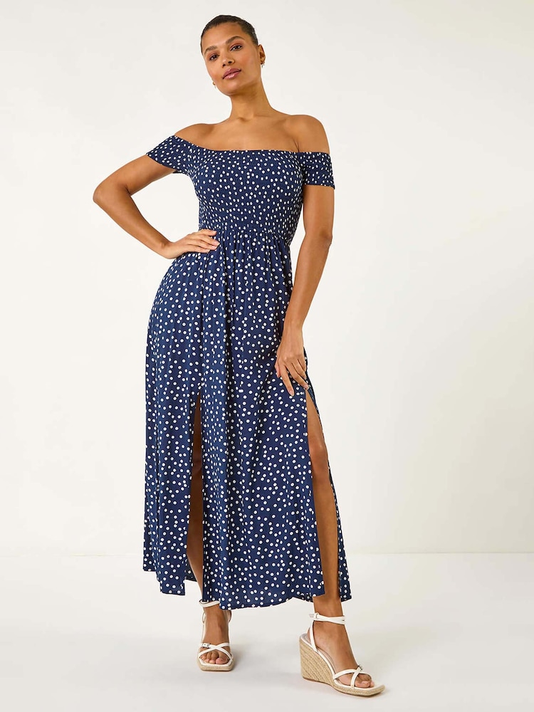 Roman Blue Spot Print Bardot Shirred Maxi Dress - Image 4 of 5