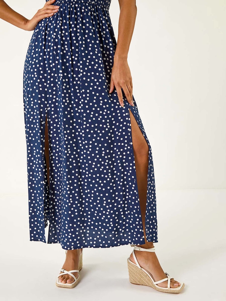 Vestido largo fruncido con escote bardot y estampado de lunares de Roman - Imagen 5 de 5