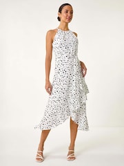 Roman White Spot Print Frill Hem Halter Dress - Image 1 of 5