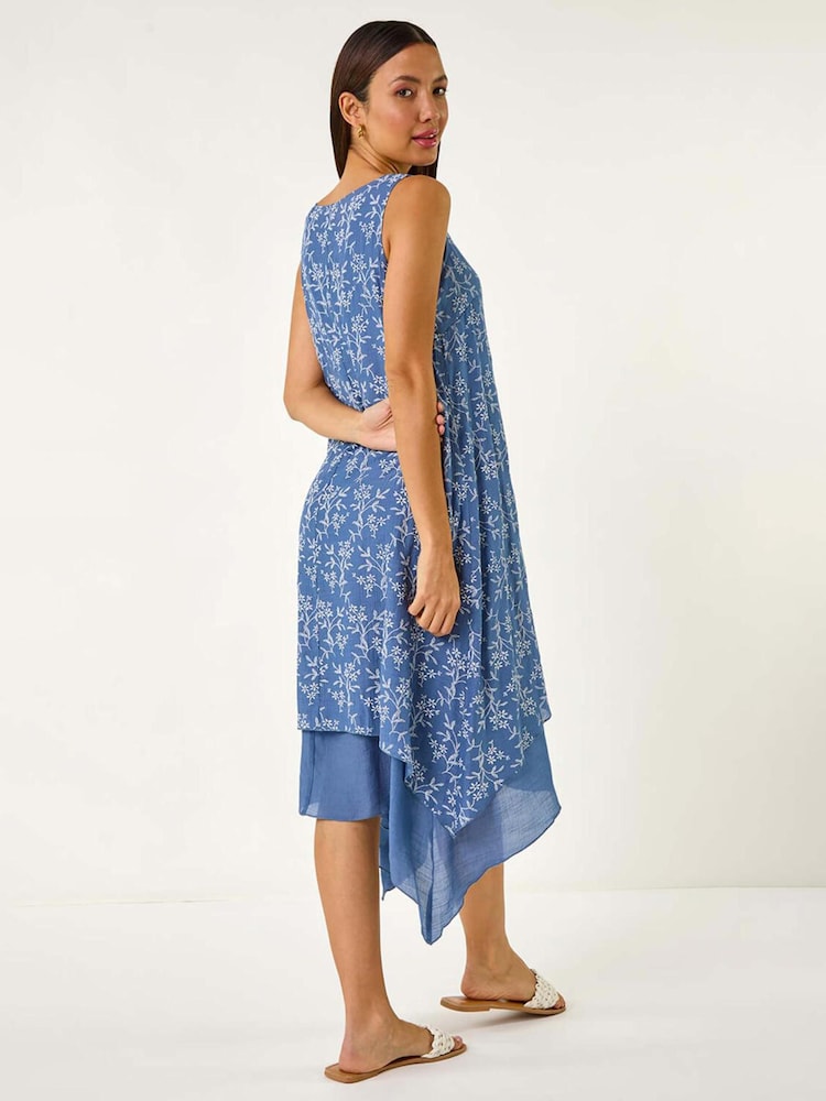 Roman Blue Floral Print Double Layer Shift Dress - Image 1 of 5