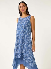 Roman Blue Floral Print Double Layer Shift Dress - Image 2 of 5