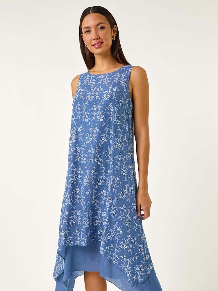 Roman Blue Floral Print Double Layer Shift Dress - Image 2 of 5