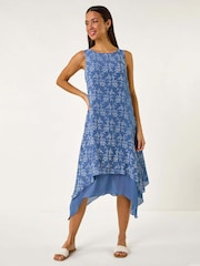 Roman Blue Floral Print Double Layer Shift Dress - Image 3 of 5