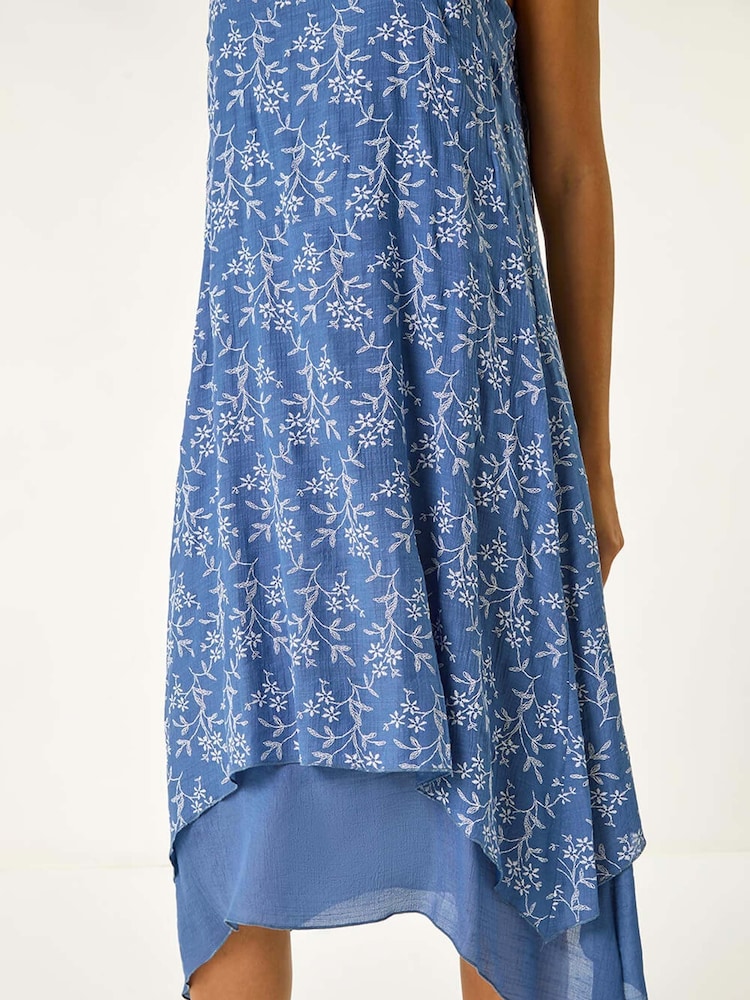 Roman Blue Floral Print Double Layer Shift Dress - Image 5 of 5