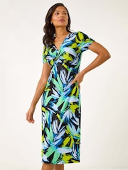 Roman Blue Leaf Print Twist Front Midi Dress - Image 1 of 5