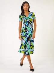 Roman Blue Leaf Print Twist Front Midi Dress - Image 2 of 5