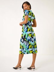 Roman Blue Leaf Print Twist Front Midi Dress - Image 3 of 5