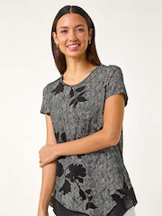Roman Grey Floral Print Chiffon Hem Top - Image 1 of 5