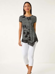 Roman Grey Floral Print Chiffon Hem Top - Image 2 of 5