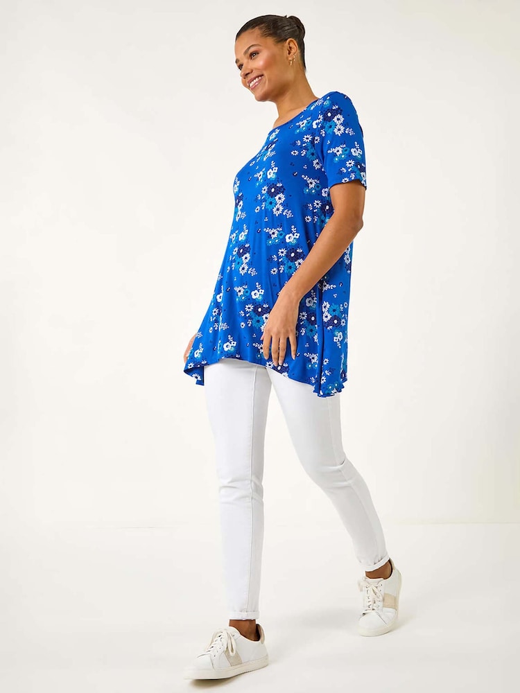 Roman Blue Floral Print Hanky Hem Tunic Top - Image 1 of 5