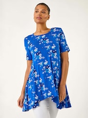 Roman Blue Floral Print Hanky Hem Tunic Top - Image 3 of 5
