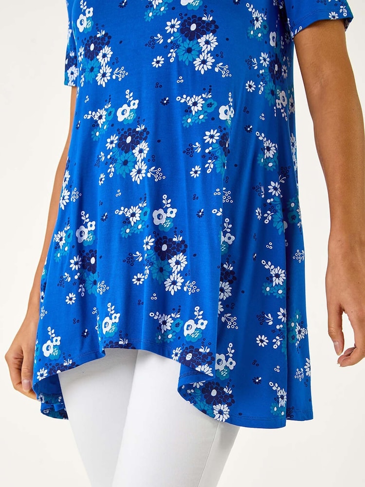 Roman Blue Floral Print Hanky Hem Tunic Top - Image 5 of 5