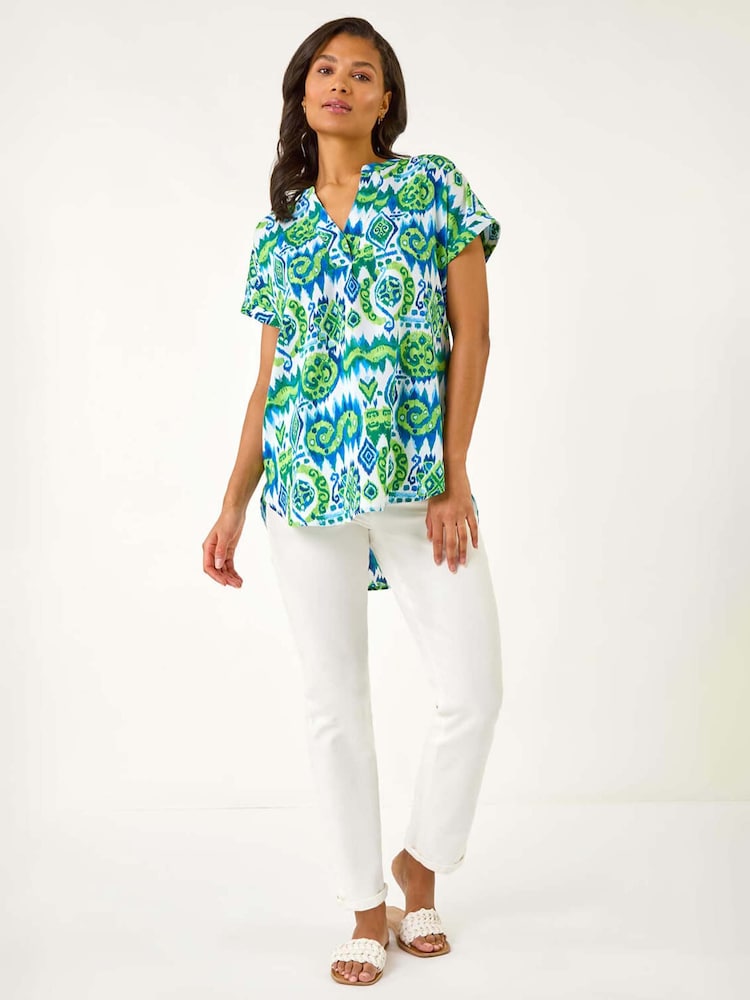 Roman Blue Abstract Print V-Neck Top - Image 1 of 5