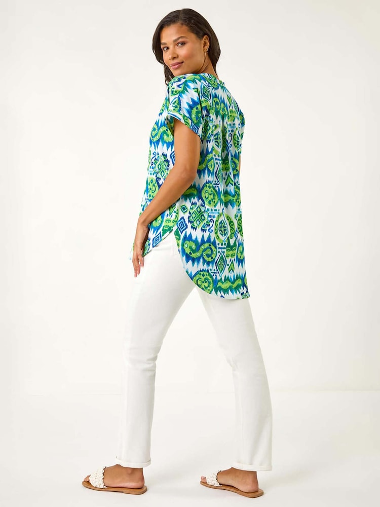 Roman Blue Abstract Print V-Neck Top - Image 2 of 5 Roman Blue Abstract Print V-Neck Top - Image 2 of 5