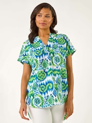 Roman Blue Abstract Print V-Neck Top - Image 4 of 5