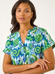 Roman Blue Abstract Print V-Neck Top - Image 5 of 5
