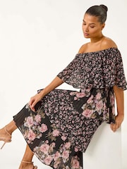 Roman Black Bardot Ditsy Floral Midi Dress - Image 1 of 5