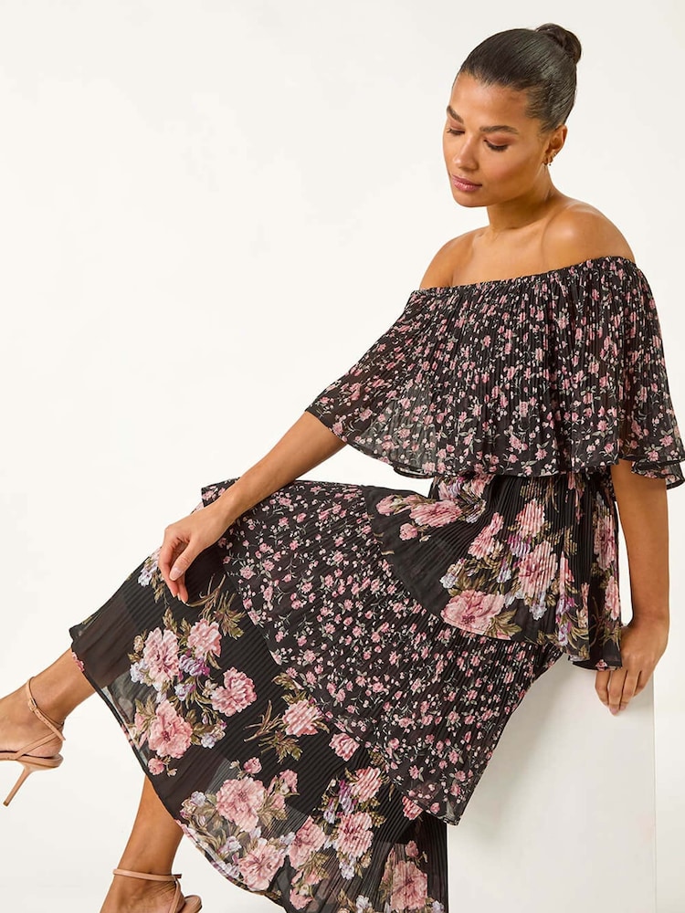 Roman Black Bardot Ditsy Floral Midi Dress - Image 1 of 5
