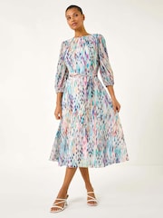 Roman White Blurred Print Pleat Neck Midi Dress - Image 1 of 5
