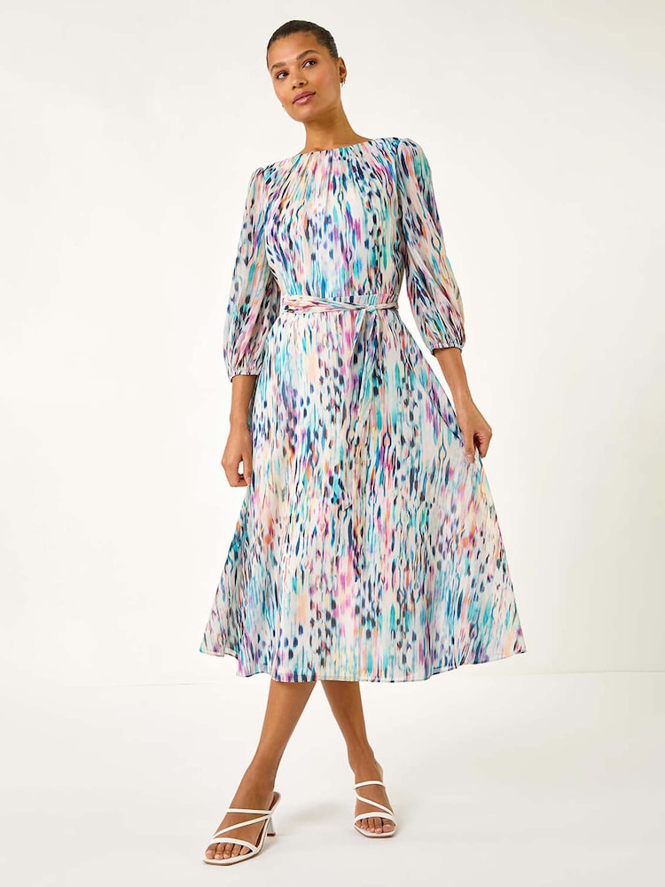 Roman White Blurred Print Pleat Neck Midi Dress - Image 1 of 5