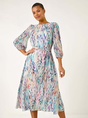 Roman White Blurred Print Pleat Neck Midi Dress - Image 2 of 5